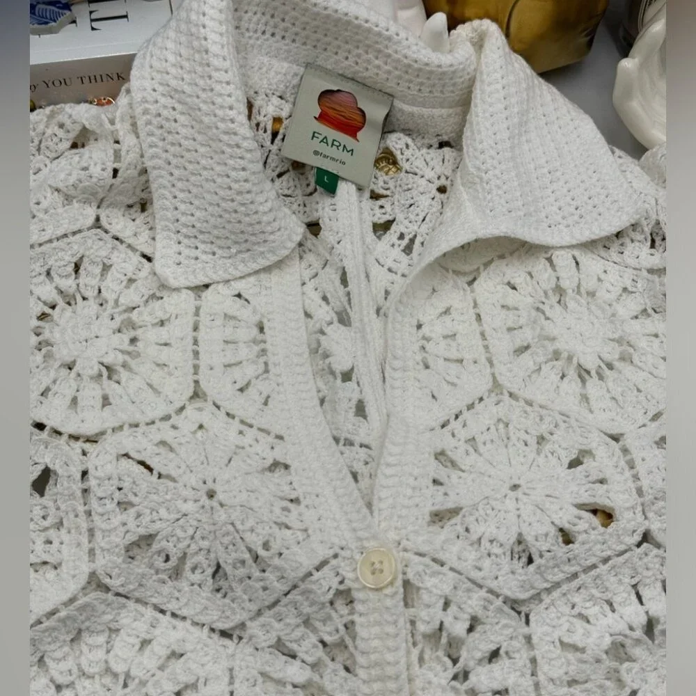 🆕 FARM Rio 🧿 NWOT White Semisheer Floral Button-Up Crochet Cover-Up Dress, L - Picture 12 of 15